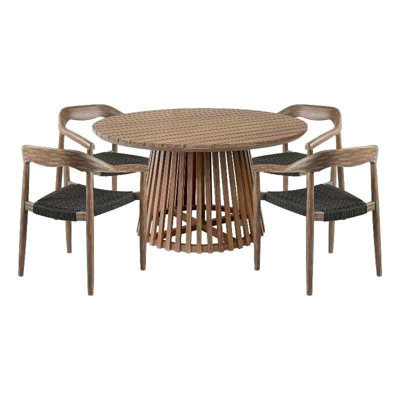 Escondido Santo Outdoor 5 Piece Round Dining Set in Eucalyptus and Charcoal Rope