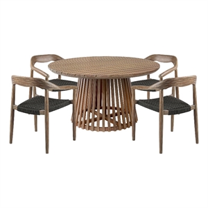 Escondido Santo Outdoor 5 Piece Round Dining Set in Eucalyptus and Charcoal Rope
