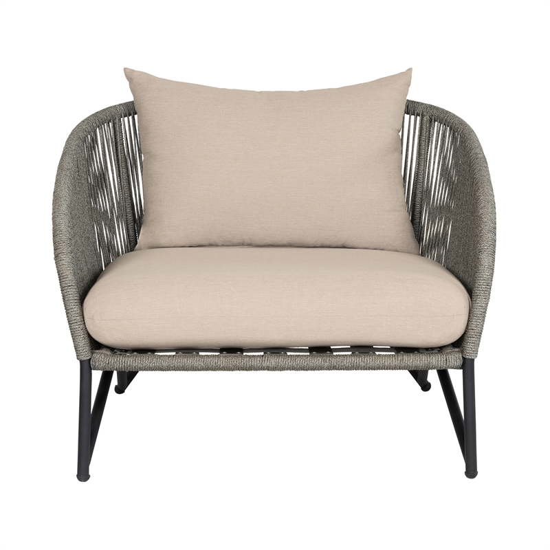 Benicia Outdoor Patio Chair in Black Steel with Gray Rope and Taupe Cushions