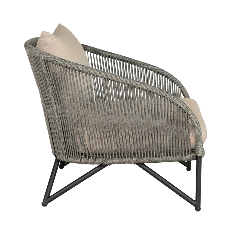 Benicia Outdoor Patio Chair in Black Steel with Gray Rope and Taupe Cushions