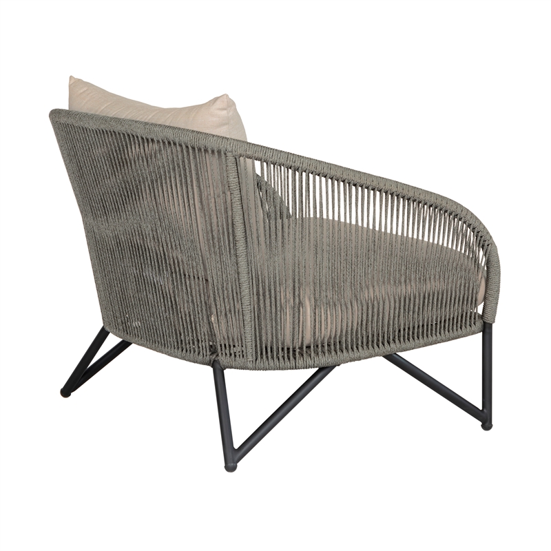 Benicia Outdoor Patio Chair in Black Steel with Gray Rope and Taupe Cushions