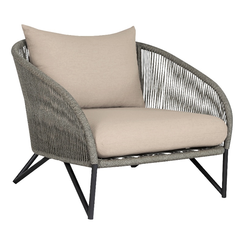 Benicia Outdoor Patio Chair in Black Steel with Gray Rope and Taupe Cushions
