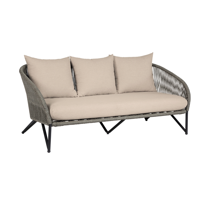 Benicia Outdoor Patio Sofa in Black Steel with Gray Rope and Taupe Cushions