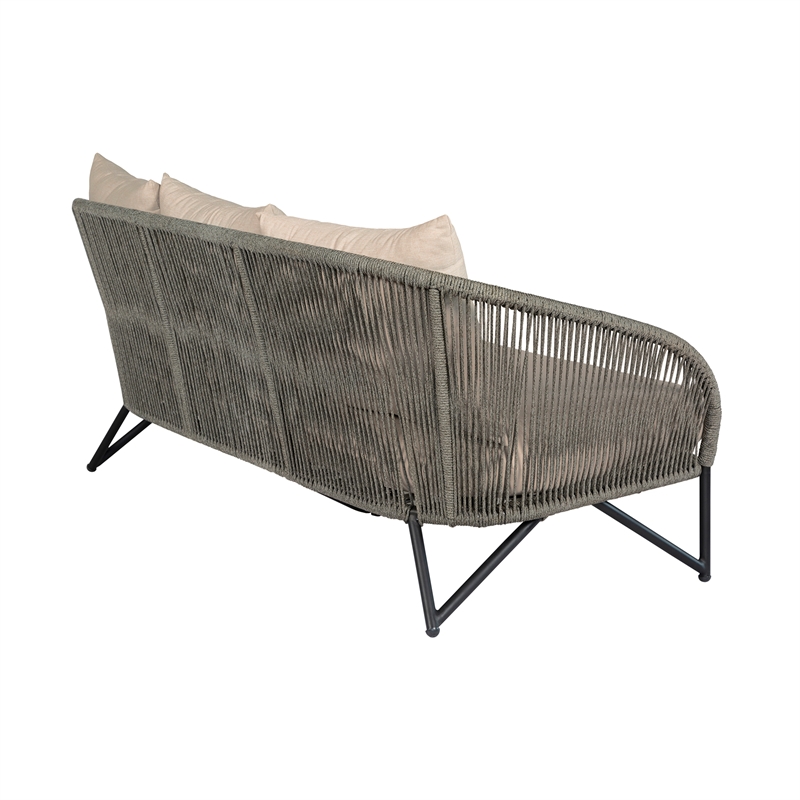 Benicia Outdoor Patio Sofa in Black Steel with Gray Rope and Taupe Cushions
