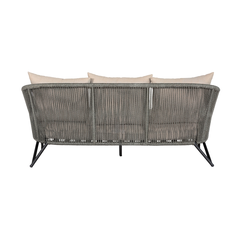 Benicia Outdoor Patio Sofa in Black Steel with Gray Rope and Taupe Cushions