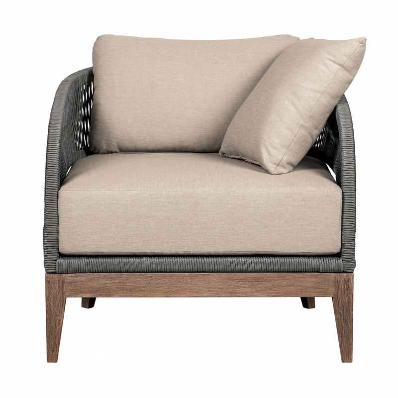 Orbit Outdoor Chair in Eucalyptus Wood with Gray Rope and Taupe Cushions