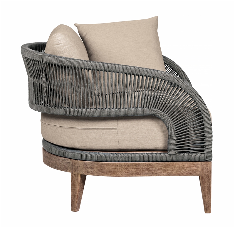 Orbit Outdoor Chair in Eucalyptus Wood with Gray Rope and Taupe Cushions