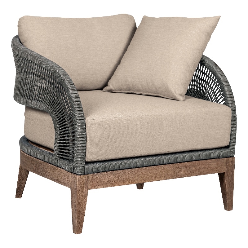 Orbit Outdoor Chair in Eucalyptus Wood with Gray Rope and Taupe Cushions