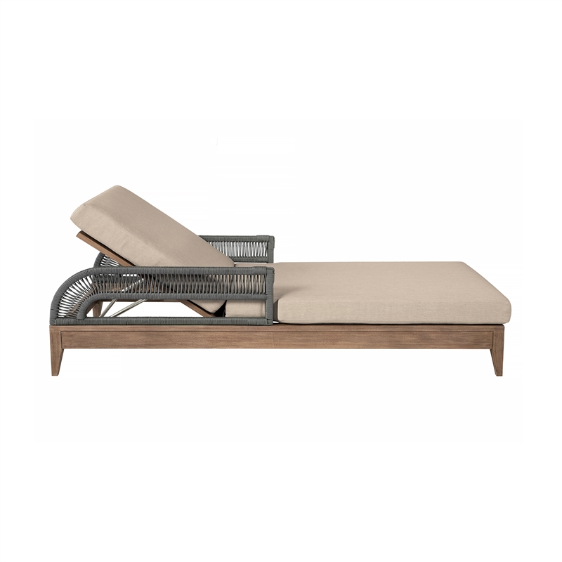 Orbit Outdoor Chaise Lounge Chair in Eucalyptus with Rope and Taupe Cushions