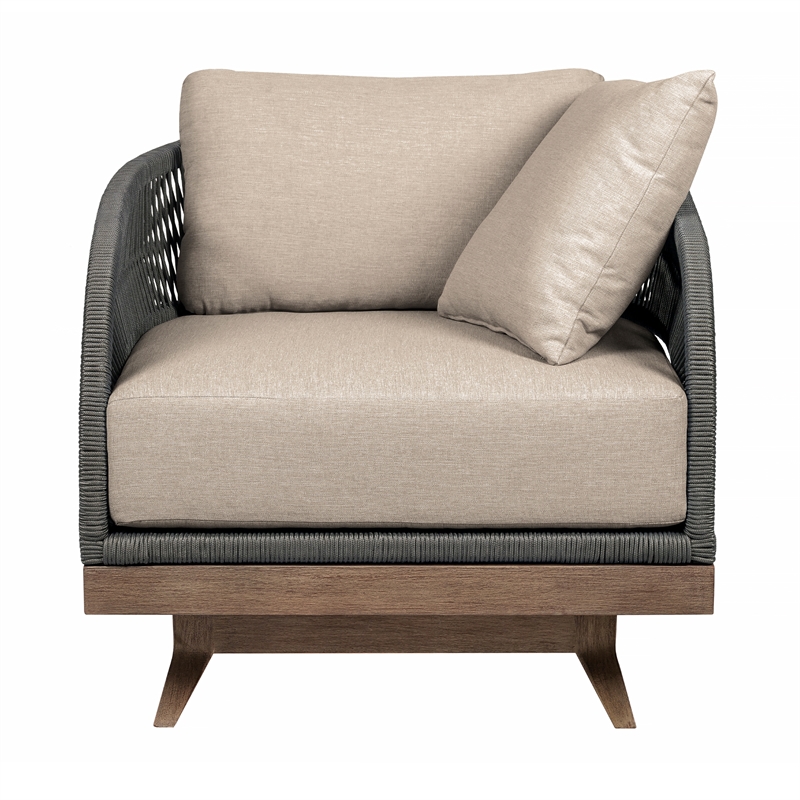 Orbit Swivel Outdoor Chair in Eucalyptus Wood with Gray Rope and Taupe Cushions