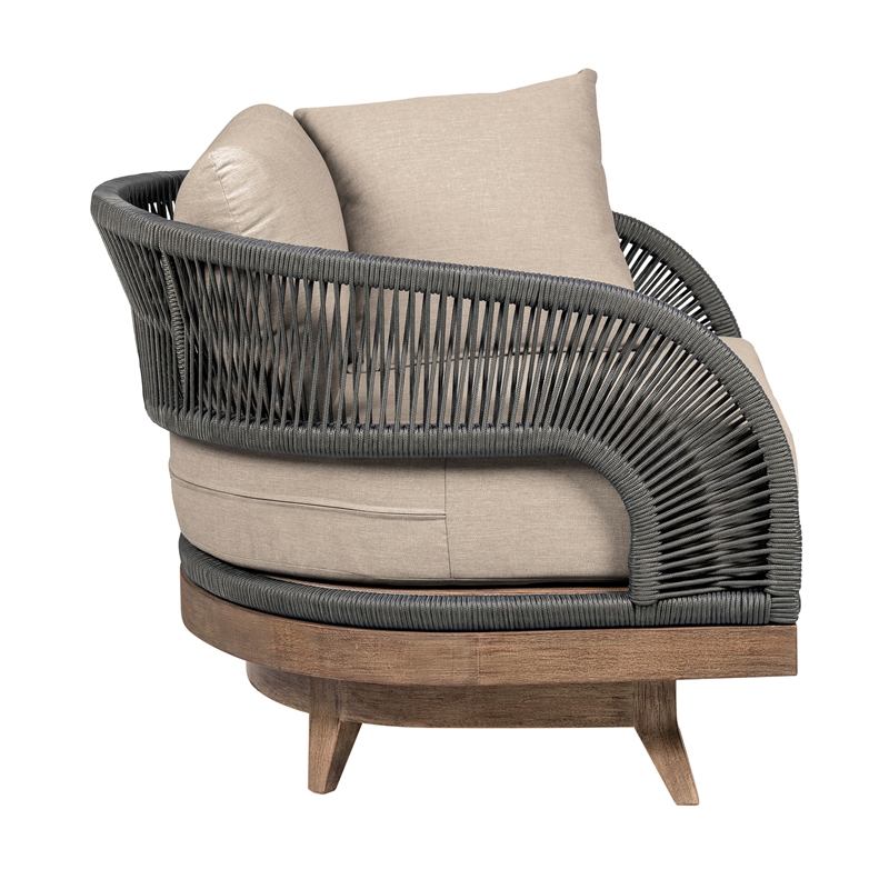 Orbit Swivel Outdoor Chair in Eucalyptus Wood with Gray Rope and Taupe Cushions
