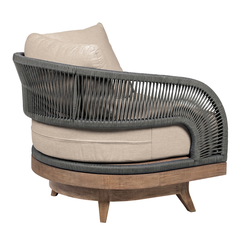 Orbit Swivel Outdoor Chair in Eucalyptus Wood with Gray Rope and Taupe Cushions