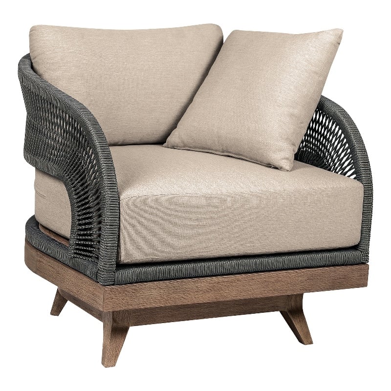 Orbit Swivel Outdoor Chair in Eucalyptus Wood with Gray Rope and Taupe Cushions