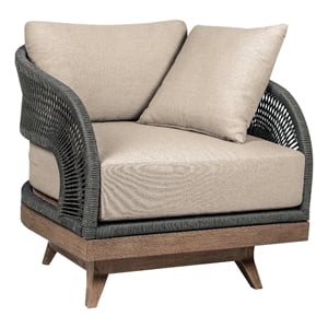 Orbit Swivel Outdoor Chair in Eucalyptus Wood with Gray Rope and Taupe Cushions