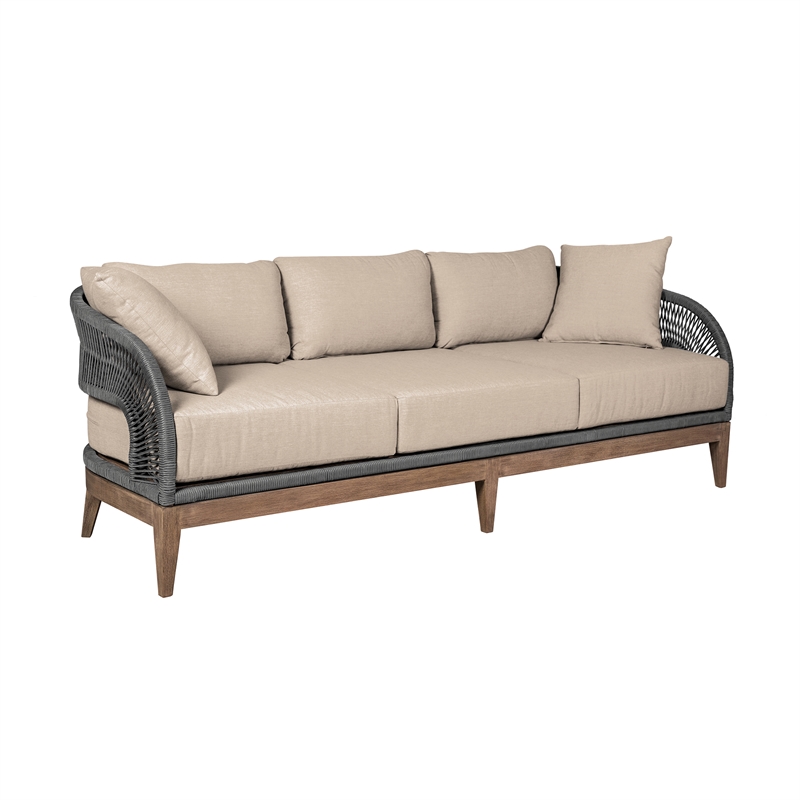 Orbit Outdoor Sofa in Eucalyptus Wood with Gray Rope and Taupe Olefin Cushions