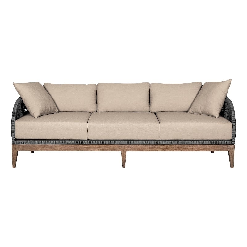 Orbit Outdoor Sofa in Eucalyptus Wood with Gray Rope and Taupe Olefin Cushions