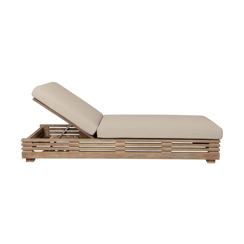 Armen Living Vivid Outdoor Chaise Lounge in Light Eucalyptus Wood /Taupe Cushion