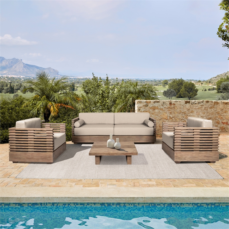 Glendora Doris Outdoor 5 Piece Live Edge Dining Set in Eucalyptus and Black Rope