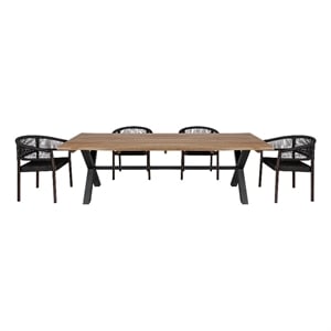 Glendora Doris Outdoor 5 Piece Live Edge Dining Set in Eucalyptus and Black Rope