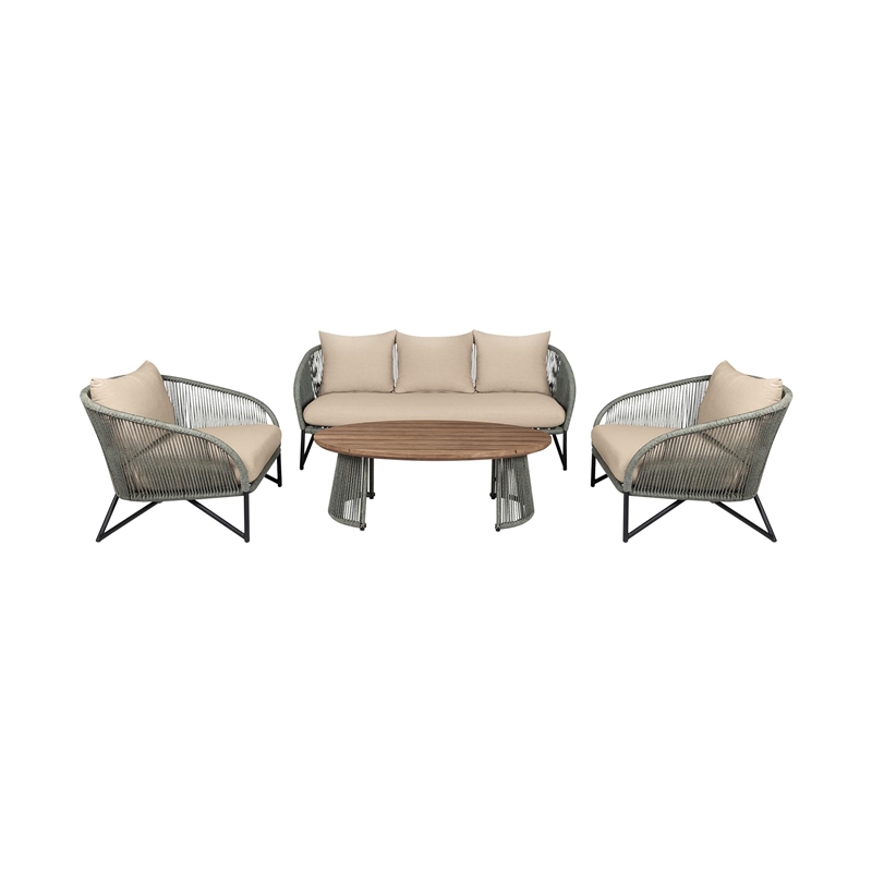 Benicia Outdoor 4 Piece Conversation Set in Eucalyptus with Rope and  Cushions