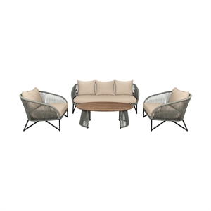 Benicia Outdoor 4 Piece Conversation Set in Eucalyptus with Rope and  Cushions