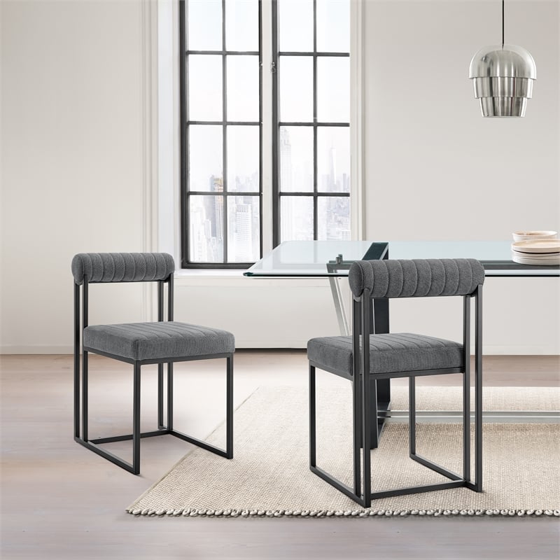 Anastasia Dining Chair with Matte Black Iron and Anchor Gray Fabric - Set of 2