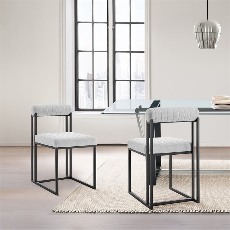 Anastasia Dining Chair with Matte Black Iron and Light Gray Fabric - Set of 2