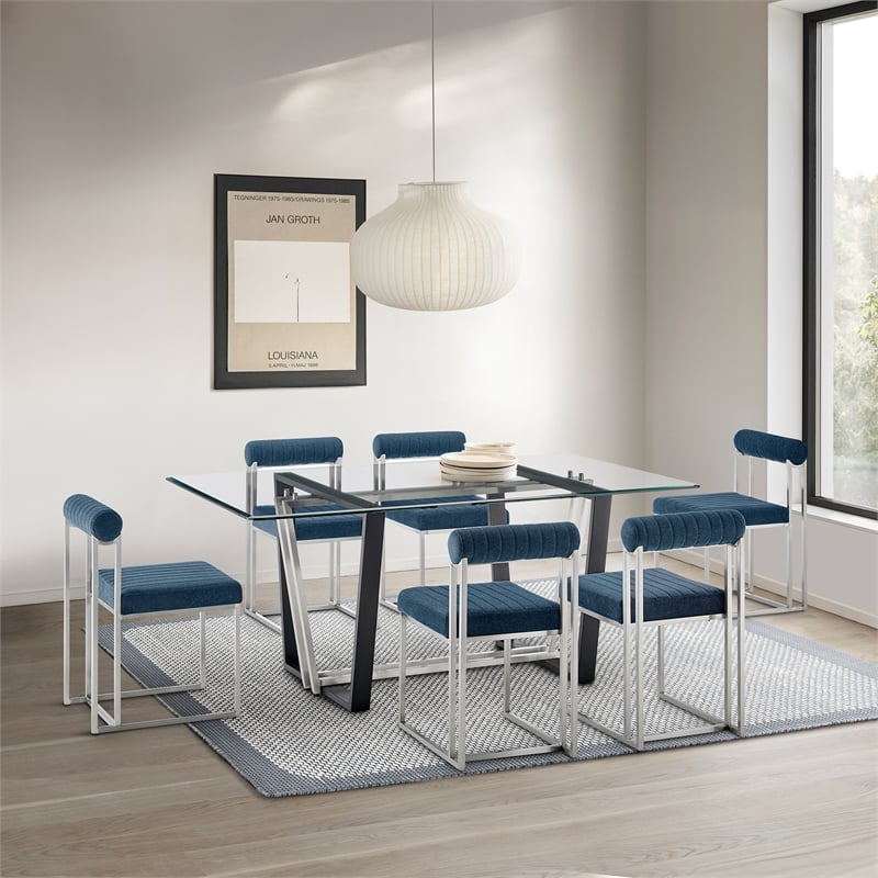 Anastasia Dining Chair with Brushed Stainless Steel and Blue Fabric - Set of 2