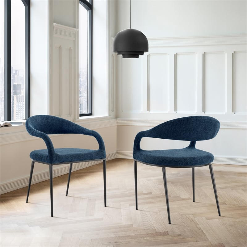 Morgan Upholstered Dining Chair with Matte Black Iron and Blue Fabric - Set of 2