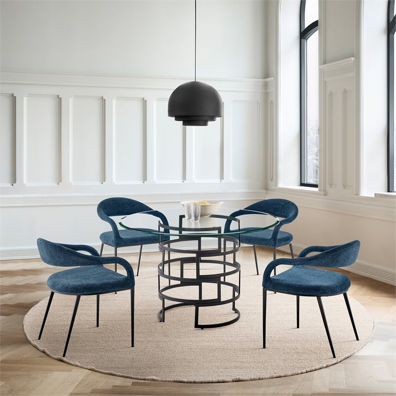 Morgan Upholstered Dining Chair with Matte Black Iron and Blue Fabric - Set of 2