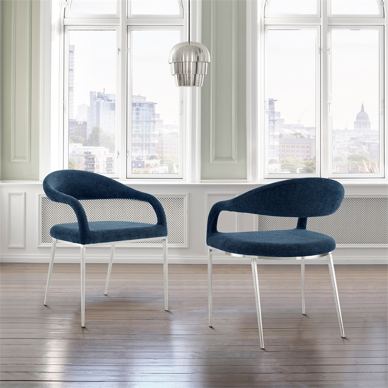 Morgan Dining Chair with Brushed Stainless Steel and Blue Fabric - Set of 2