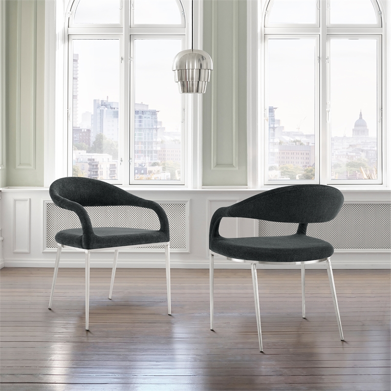 Morgan Dining Chair with Brushed Stainless Steel and Charcoal Fabric - Set of 2