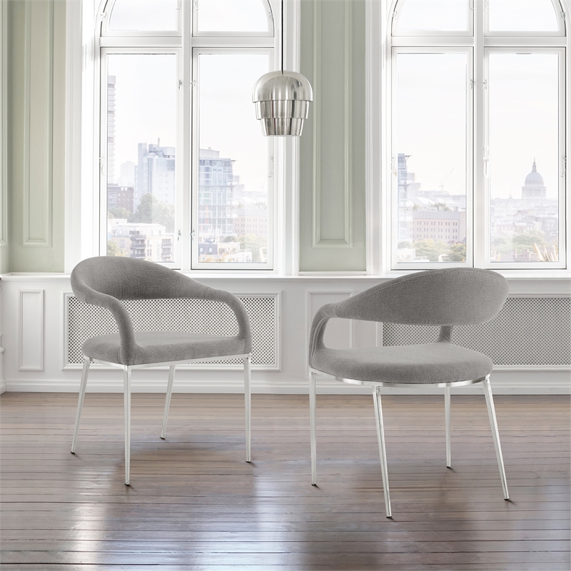 Morgan Dining Chair with Brushed Stainless Steel & Light Gray Fabric - Set of 2