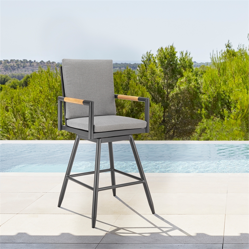 Crown Outdoor Swivel Bar Stool in Aluminum with Tan Rope & Dark Gray Cushions