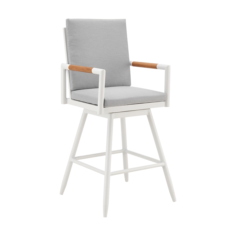 Crown Outdoor Swivel Bar Stool in Aluminum with Brown Rope & Light Gray Cushions