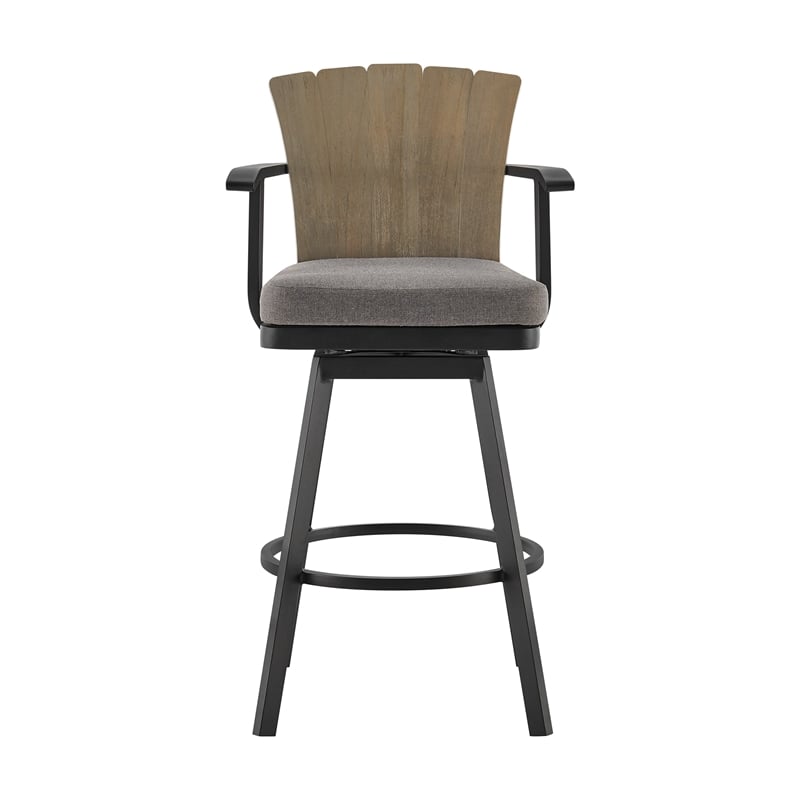 Hazel Outdoor Swivel Counter Stool in Aluminum with Teak Wood & Charcoal Cushion