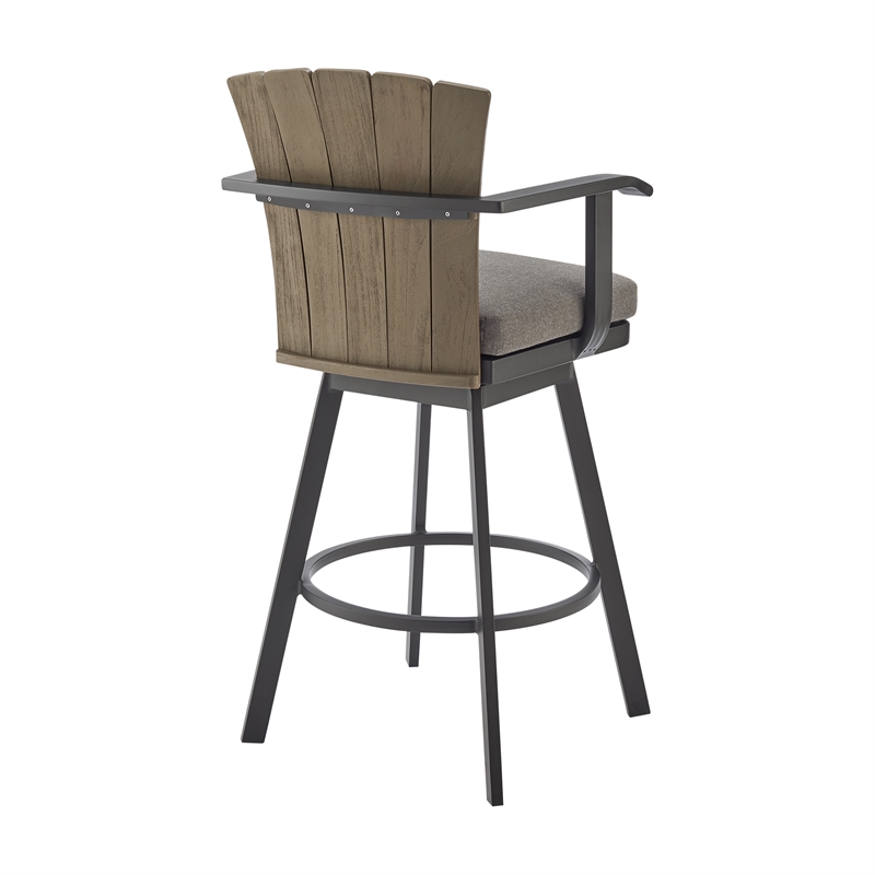 Hazel Outdoor Swivel Counter Stool in Aluminum with Teak Wood & Charcoal Cushion