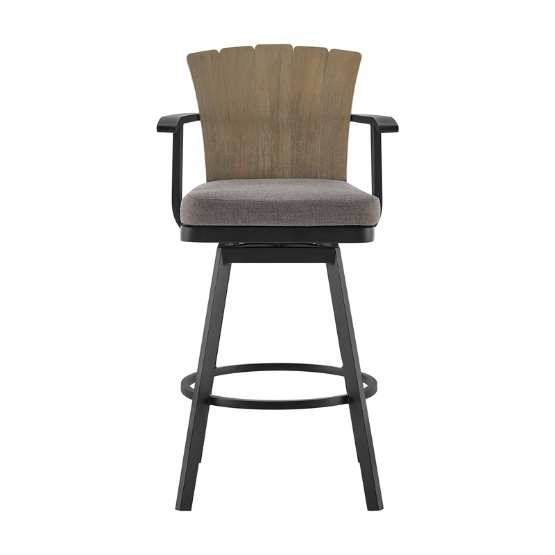 Hazel Outdoor  Swivel Bar Stool in Aluminum with Teak Wood & Charcoal Cushion