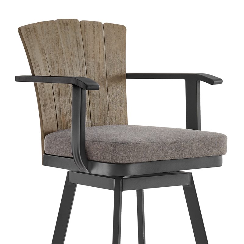 Hazel Outdoor  Swivel Bar Stool in Aluminum with Teak Wood & Charcoal Cushion