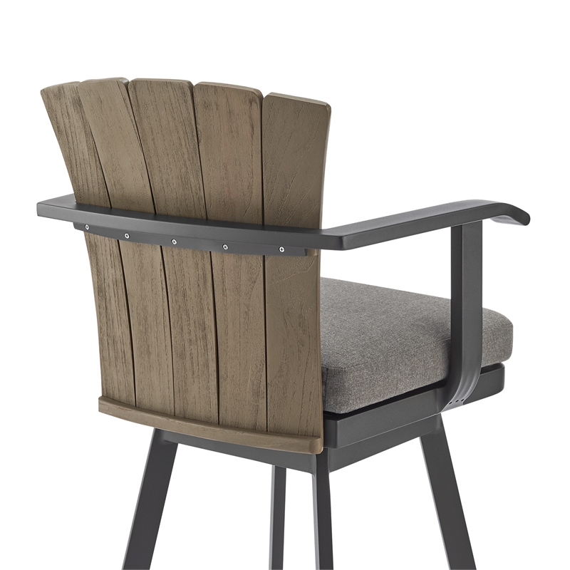 Hazel Outdoor  Swivel Bar Stool in Aluminum with Teak Wood & Charcoal Cushion