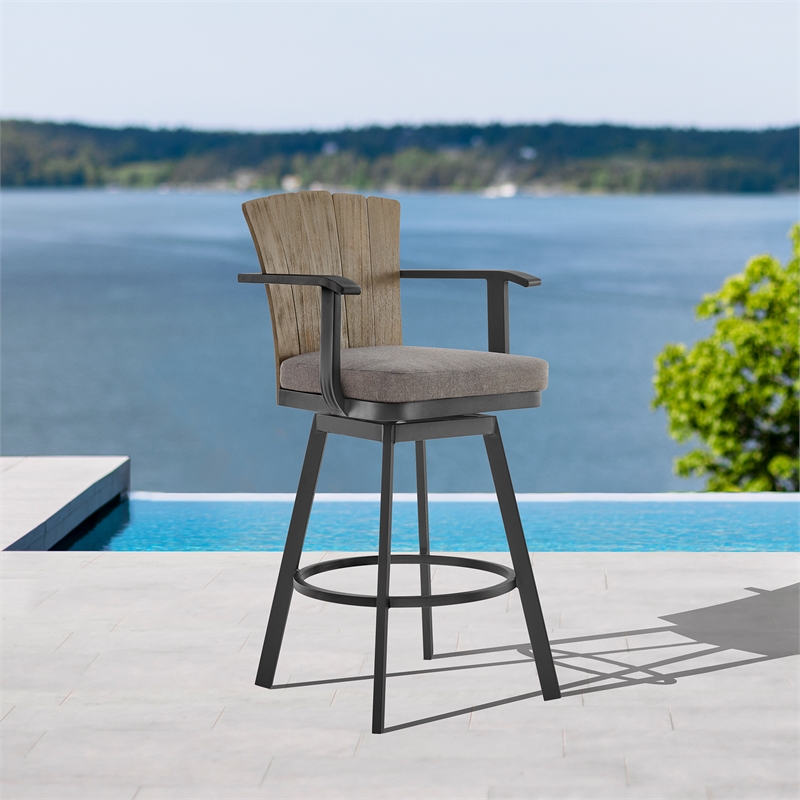 Hazel Outdoor  Swivel Bar Stool in Aluminum with Teak Wood & Charcoal Cushion