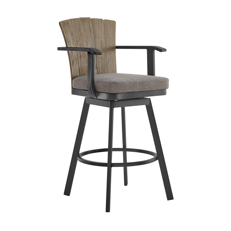 Hazel Outdoor  Swivel Bar Stool in Aluminum with Teak Wood & Charcoal Cushion