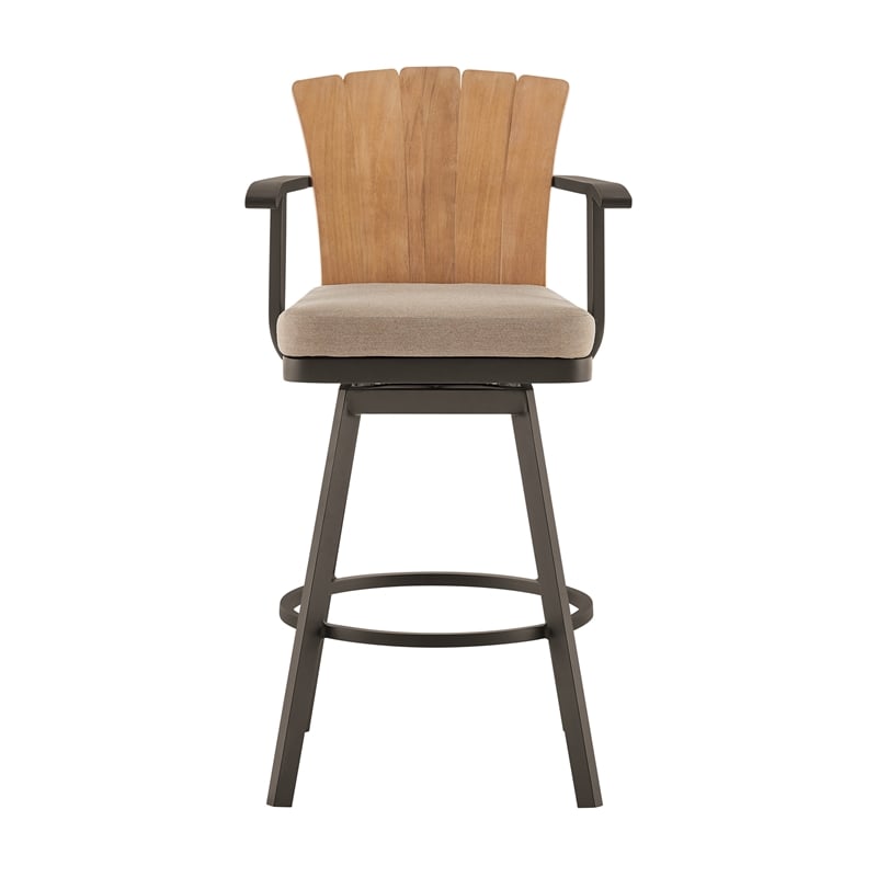 Hazel Outdoor Swivel Counter Stool in Aluminum with Teak Wood & Brown Cushion