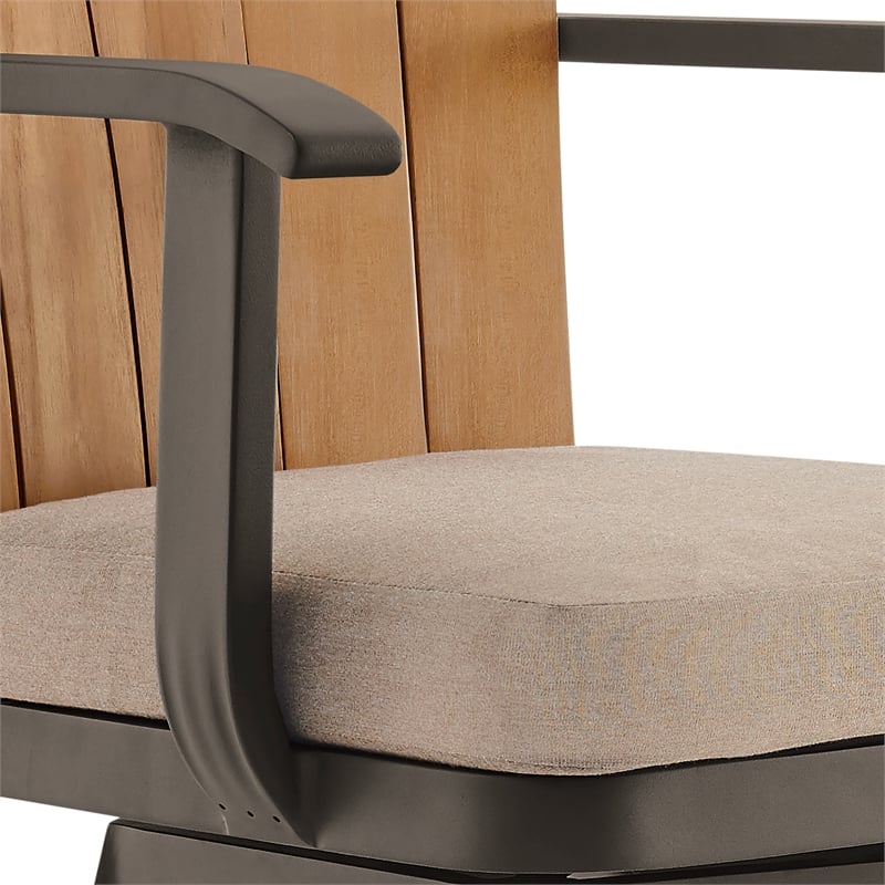 Hazel Outdoor Swivel Counter Stool in Aluminum with Teak Wood & Brown Cushion