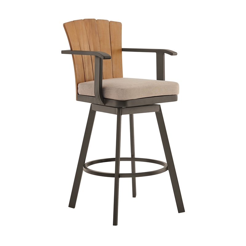 Hazel Outdoor Swivel Counter Stool in Aluminum with Teak Wood & Brown Cushion