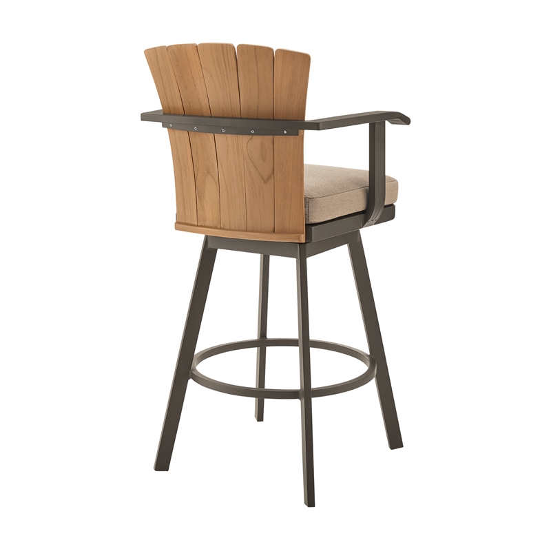 Hazel Outdoor Patio Swivel Bar Stool in Aluminum with Teak Wood & Brown Cushion