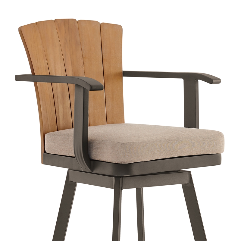Hazel Outdoor Patio Swivel Bar Stool in Aluminum with Teak Wood & Brown Cushion
