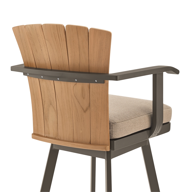 Hazel Outdoor Patio Swivel Bar Stool in Aluminum with Teak Wood & Brown Cushion