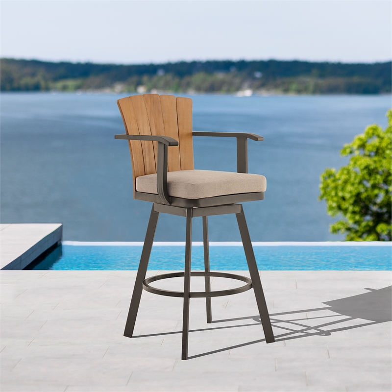 Hazel Outdoor Patio Swivel Bar Stool in Aluminum with Teak Wood & Brown Cushion