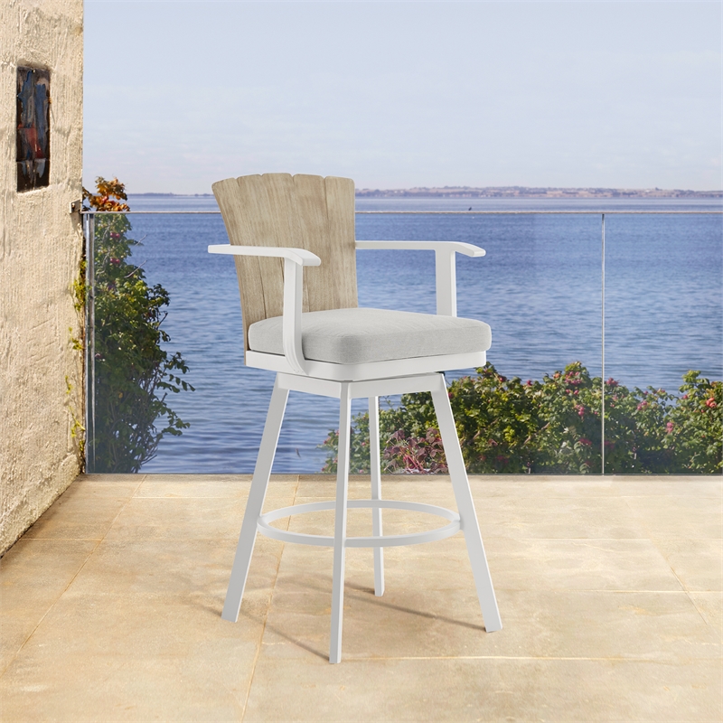 Hazel Outdoor Swivel Counter Stool in Aluminum with Teak Wood